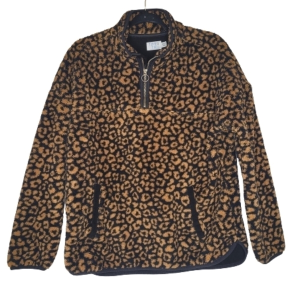 Time and Tru Sweaters - Teddy Leopard Print Zip Pullover Sweater